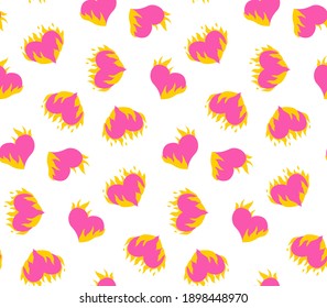 Flaming hearts abstract seamless pattern. Vector background. Heart burning in fire. Valentine's day. For textile, prints, posters.