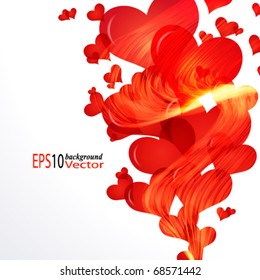 Flaming hearts fly up,  side vector border.