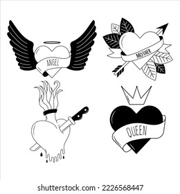 Flaming hearts tattoo in y2k, 1990s, 2000s style. Emo goth element design. Old school tattoo. Vector illustration