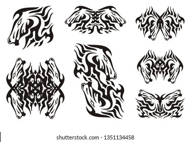  Flaming horse head design elements. Abstract symbols in the form of the horse head, the butterflies formed from it for a tattoo, an embroidery, etc.