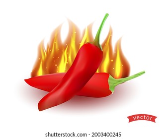 Flaming hot chili pepper. Burning red peppers icon, flamed spicy pepper pod. Vector illustration.