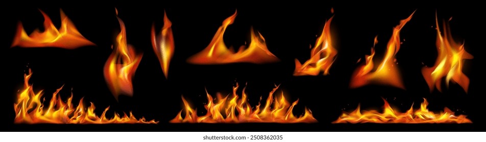 Flaming hot fire, burning or heating firing lines in realistic design. Bonfire or campfire backgrounds, orange fiery objects, glowing flare flaming explosions on black background