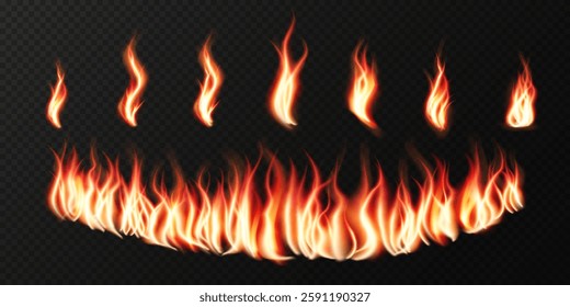 Flaming hot fire with realistic burning lines and fiery explosions. A detailed vector illustration featuring glowing orange flames and heat effects on a black background. Perfect for bonfire designs