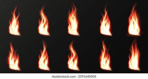 Flaming hot fire with realistic burning lines and fiery explosions. A detailed vector illustration featuring glowing orange flames and heat effects on a black background. Perfect for bonfire designs