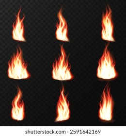 Flaming hot fire with realistic burning lines and fiery explosions. A detailed vector illustration featuring glowing orange flames and heat effects on a black background. Perfect for bonfire designs