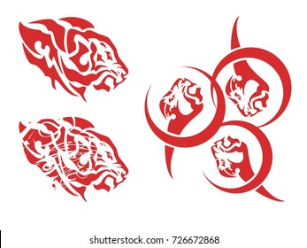 Flaming lion concept. Aggressive lion's head symbols. Red on white