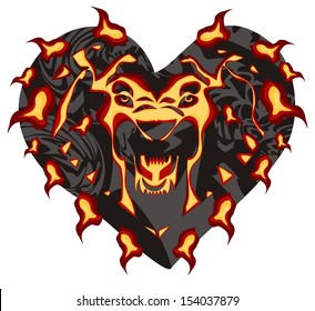 Flaming lion head in the form of heart