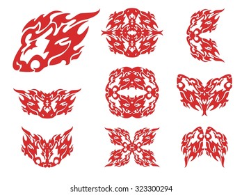 Flaming lion head and symbols from it. Tribal flaming lion head, double lion sing and lions circles isolated on a white background