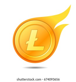Flaming litecoin symbol, icon, sign, emblem. Vector illustration.