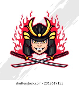 Flaming Little Samurai Head with Double Katana Mascot Logo