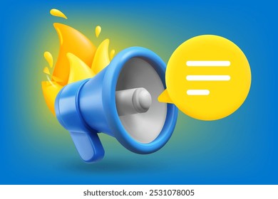 Alto-falante flamejante com balão de fala. Novidades conceituais. ilustração de vetor 3d