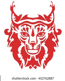 Flaming lynx head. Close-up of a stylized Eurasian Lynx's head in front of a white background    