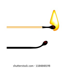 Flaming matchstick with sulfur head. Wooden sticks extinction. Different options of combustion. Vector illustration in modern style. Isolated.
