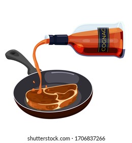Flaming meat with expensive brandy or brandy. Steak frying pan with cognac. beefsteak griddle. Fried piece of meat. Fresh juicy pork in oil frying with cognac.