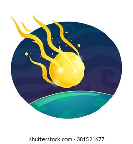 Flaming meteorite falls to Earth concept design, a beautiful print on a T-shirt for the fan astronomy, vector illustration