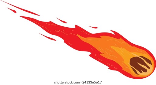 Flaming meteorite speeding through space. Fiery asteroid comet falling with tail. Space disaster cataclysm vector illustration.