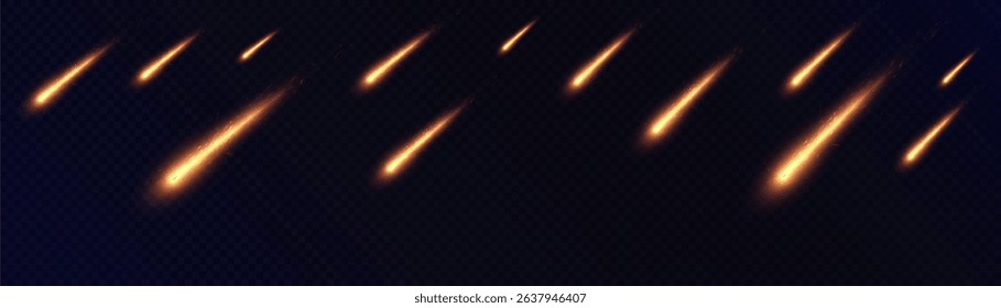 Flaming meteors with sparks and smoke on a dark background, creating the effect of a catastrophic fall. Ideal for themes of space, destruction and speed.