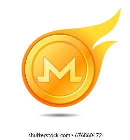Flaming monero coin symbol, icon, sign, emblem. Vector illustration.