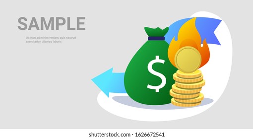 flaming money bag and coins stack with fire falling down economic arrow financial crisis bankrupt investment failure risk concept horizontal vector illustration