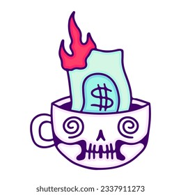 Flaming money inside skeleton mug, illustration for t-shirt, sticker, or apparel merchandise. With doodle, retro, and cartoon style.