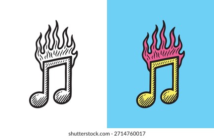 Nota musical flameante con estilo de ilustración retro audaz