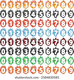Flaming Numbers Vector Illustration. Colorful Fire Digits Collection. Multi-color flaming numbers vector illustration. Ideal for creative designs, typography, and graphic projects.