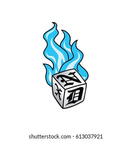 flaming on fire burning white dice risk taker gamble vector art illustration