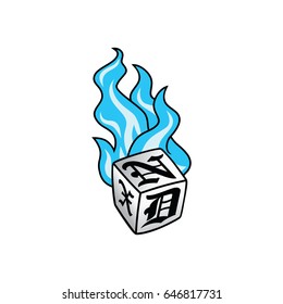 flaming on fire burning white dice risk taker gamble vector art illustration