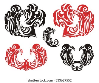 Flaming peacock heart. Black and red options. Set of decorative hearts by St. Valentine's Day 