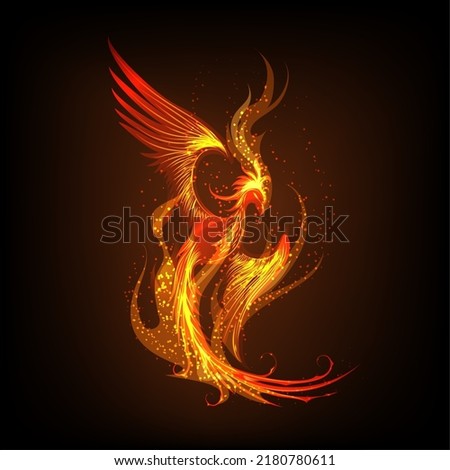 Flaming Phoenix Bird Rising From the Ashes. Symbol of rebirth on Black Background. 