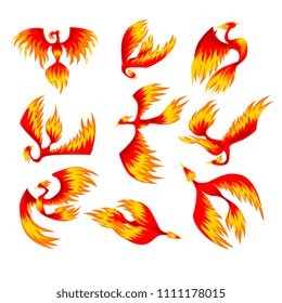 Flaming phoenix bird set, fairy tale character from Slavic folklore vector Illustrations on a white background