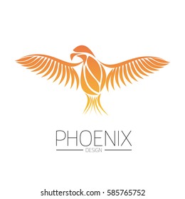 Flaming Phoenix Bird With Wide Spread Wings In The Orange Fire Colors On White Background. Symbol Of Reborn And Regeneration. EPS10 Vector Illustration.