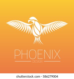 Flaming Phoenix Bird with wide spread wings in white on orange fire colors background. Symbol of reborn and regeneration. EPS10 vector illustration.