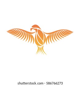 Flaming Phoenix Bird With Wide Spread Wings In The Orange Fire Colors On White Background. Symbol Of Reborn And Regeneration. EPS10 Vector Illustration.