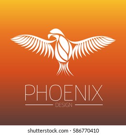 Flaming Phoenix Bird with wide spread wings in white on orange fire colors background. Symbol of reborn and regeneration. EPS10 vector illustration.