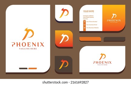 Flaming Phoenix Logo design and business card template vector illustration