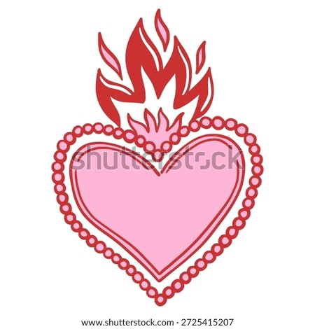 Flaming pink red heart with red beaded border. Hand drawn illustration for Valentine's Day or romantic designs. Cute decorative burning frame isolated on white background.