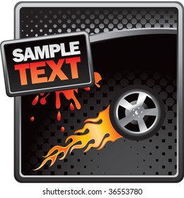flaming racing tire on black halftone banner