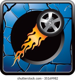 flaming racing tire on blue cracked web icon