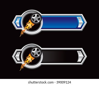 neumático de carreras flameante sobre flechas azules y negras