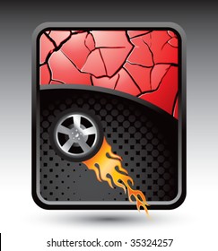 flaming racing tire on cracked red banner