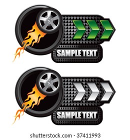 flaming racing tire on green and white arrow advertisements