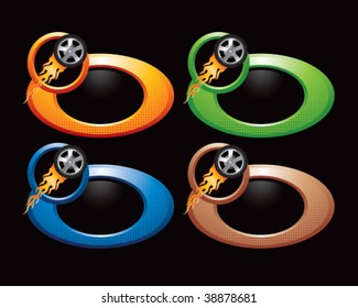 flaming racing tire on multicolored rings