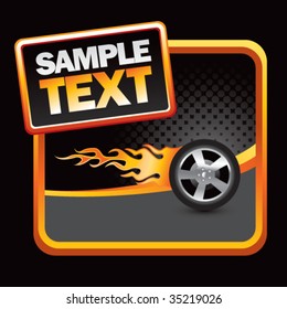 flaming racing tire on orange banner