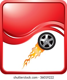 flaming racing tire on red wave background