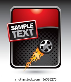 flaming racing tire on red stylized banner