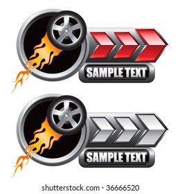 flaming racing tire on red and silver arrow banners