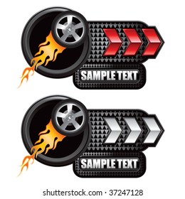 flaming racing tire on red and white arrows