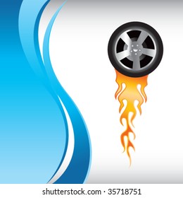 flaming racing tire on vertical blue wave background