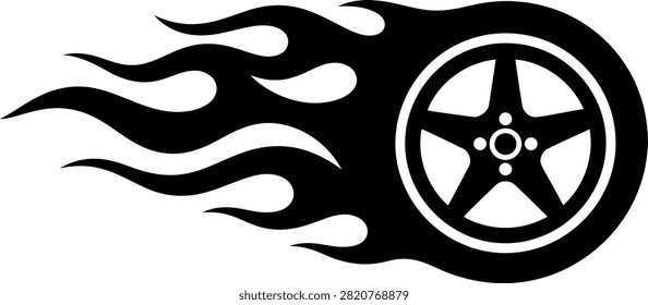 Flaming racing wheel silhouette icon for motorsport speed and automotive performance